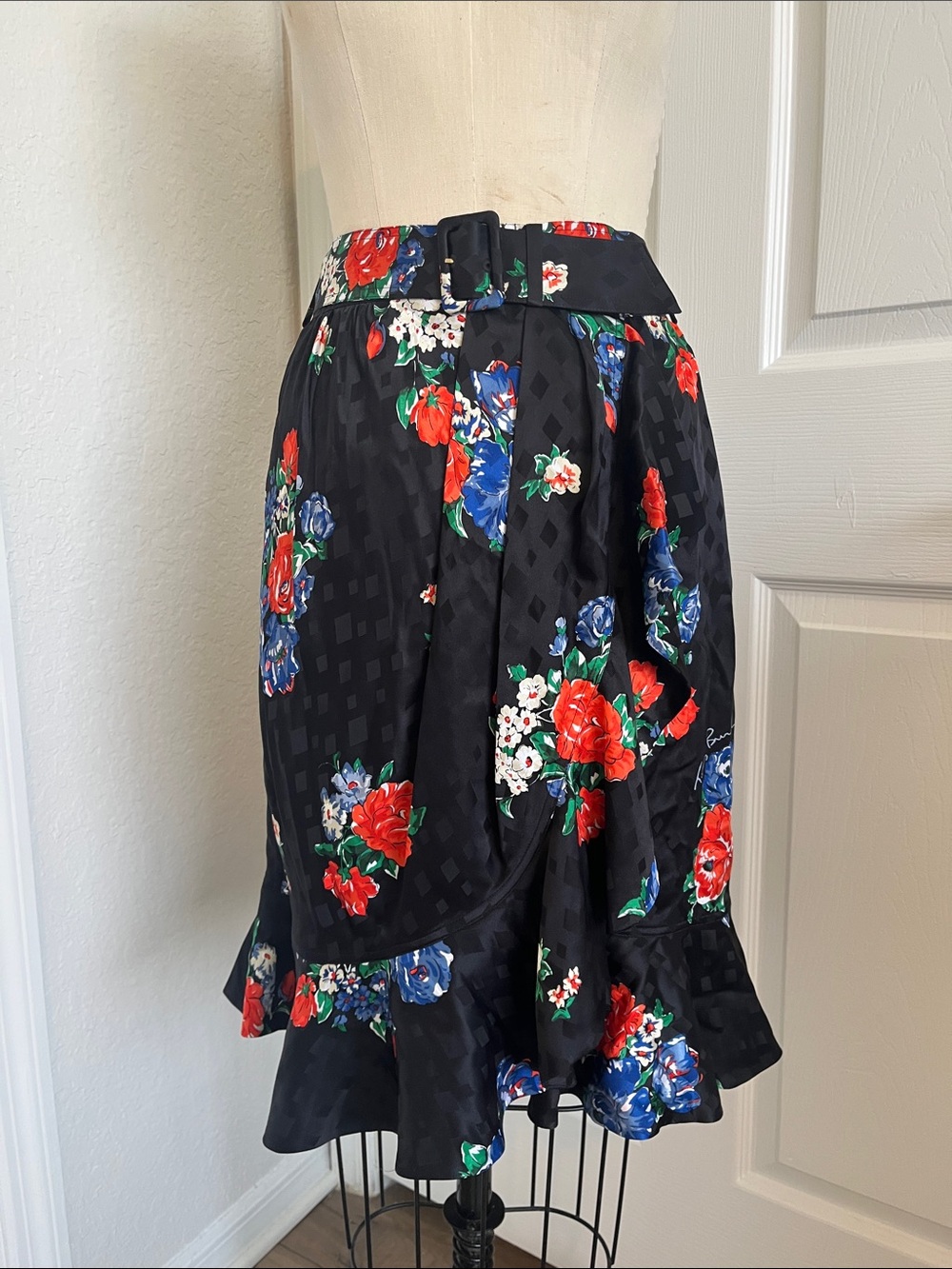 Tory Burch Black Wrap Skirt with Vibrant Floral Ruffle Design with Belt Silk